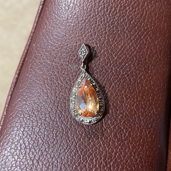 Vintage 925 Sterling Silver Marcasite Peach Gemstone Pendent 1 3/8” - Picture 1 of 5